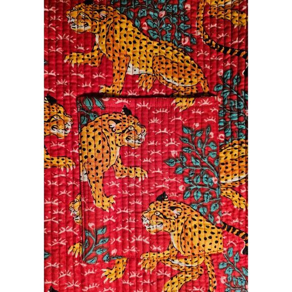 Artisan screen-print quilted jacket, jungle leopards, 100 % cotton, reversible - Picture 5 of 14